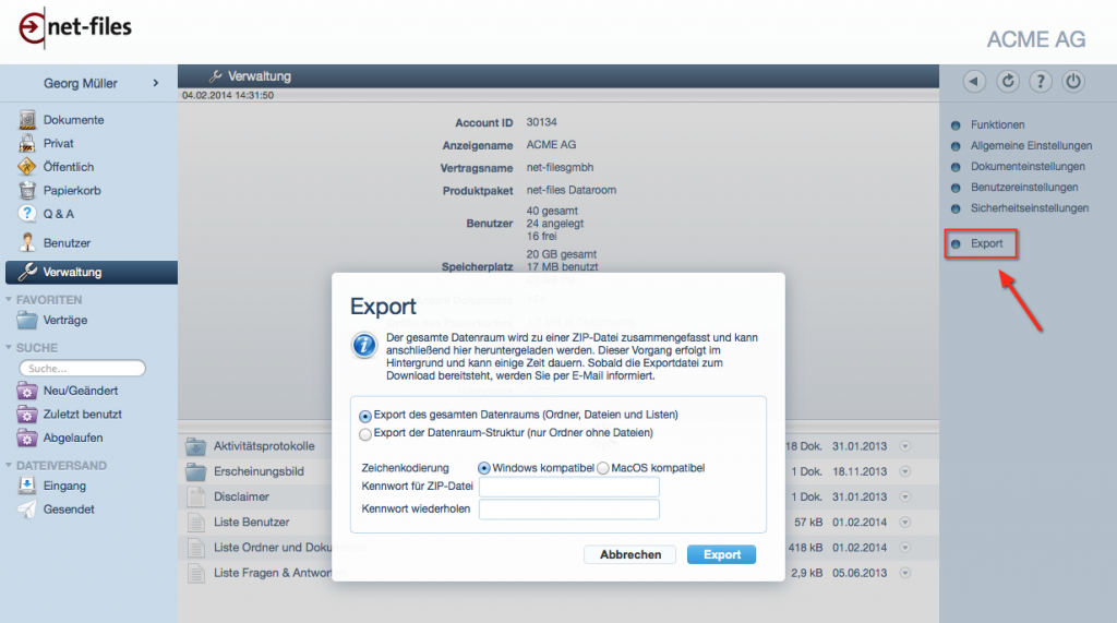 Screenshot Datenraum Export Funktion in netfiles