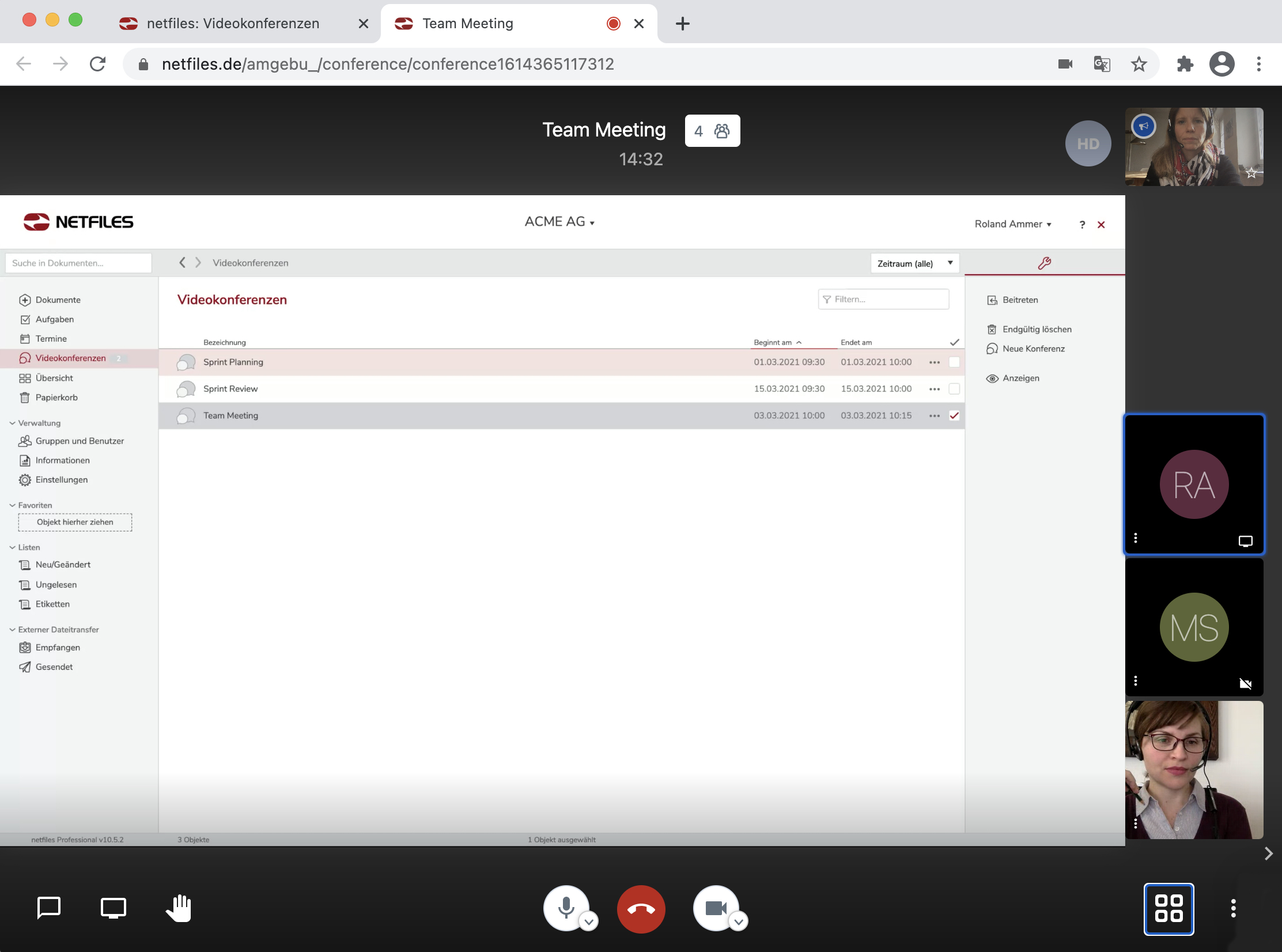 Screenshot netfiles Videokonferenz Funktion mit Screen Sharing