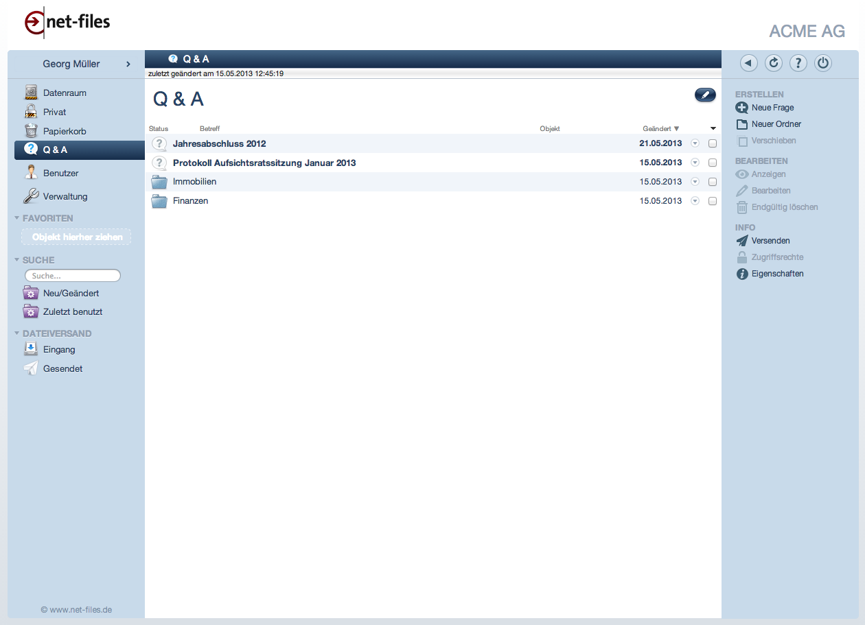Screenshot der netfiles Q&A Funktion im Datenraum